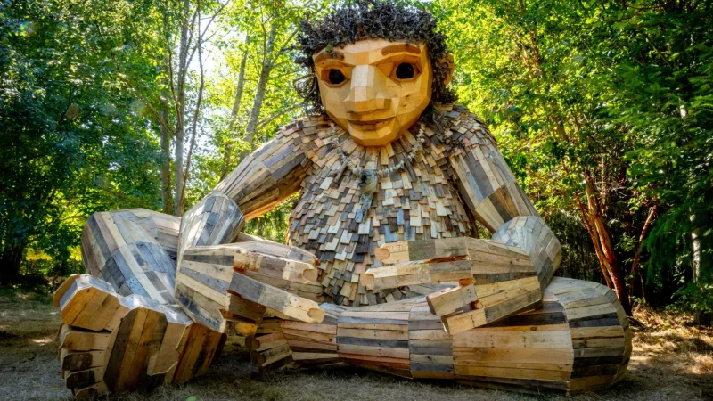 Pia the Peacemaker, a troll comprised of wood on Bainbridge Island. The artist has several of these trolls in multiple locations in the U.S.