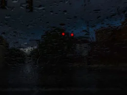 A photo from the inside of a vehicle on a dark rainy night as it stop at a red light.
