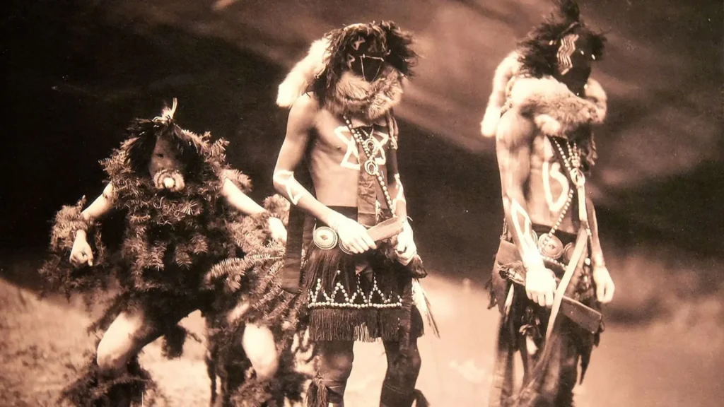 A sepia-toned photograph depicting skinwalkers transforming in indigenous folklore.