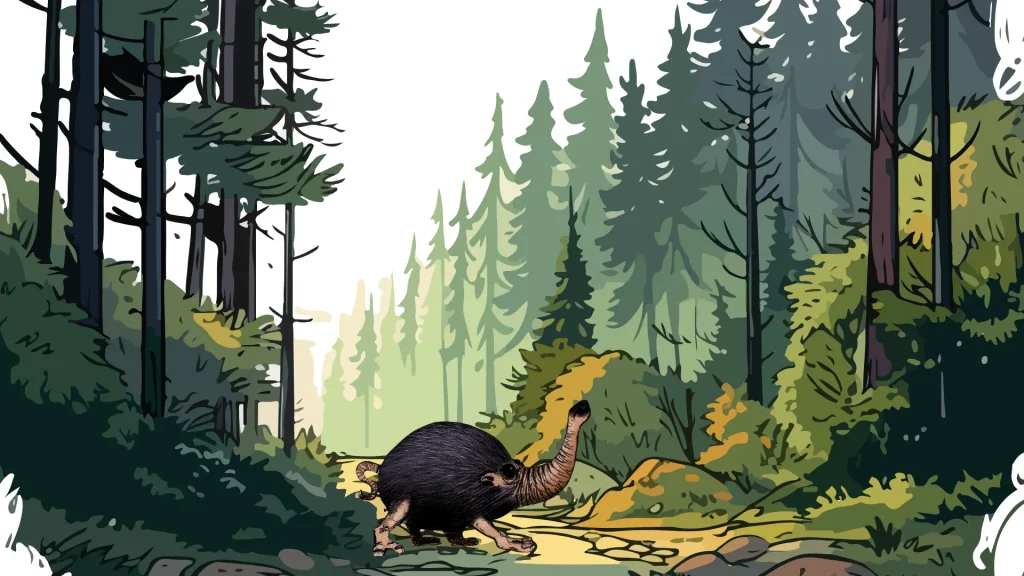 A graphic of a teakettler in an artistically replicated forest.