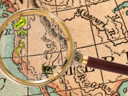 A map of North America zoomed in on the west coast of the United States as a gold magnifying glass hovers over the west coast. Several icons are positioned over the map representing big foot, the thunderbird, nightcrawlers, and the chupacabra.