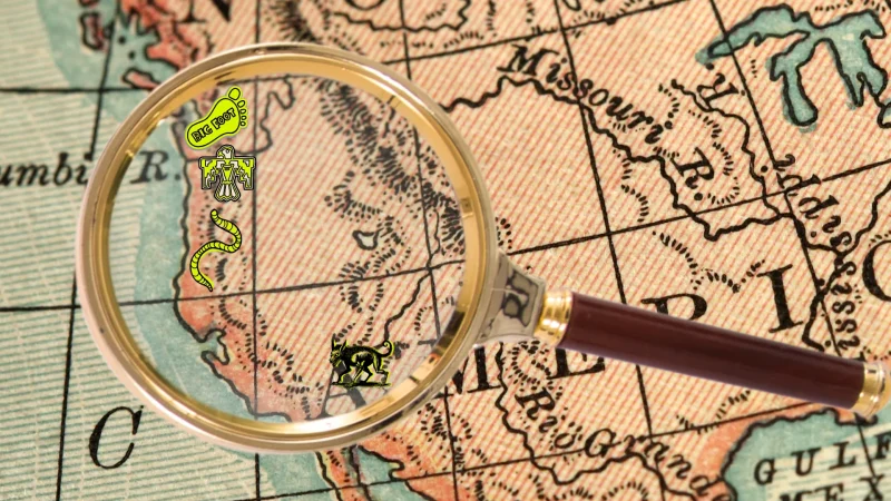 A map of North America zoomed in on the west coast of the United States as a gold magnifying glass hovers over the west coast. Several icons are positioned over the map representing big foot, the thunderbird, nightcrawlers, and the chupacabra.