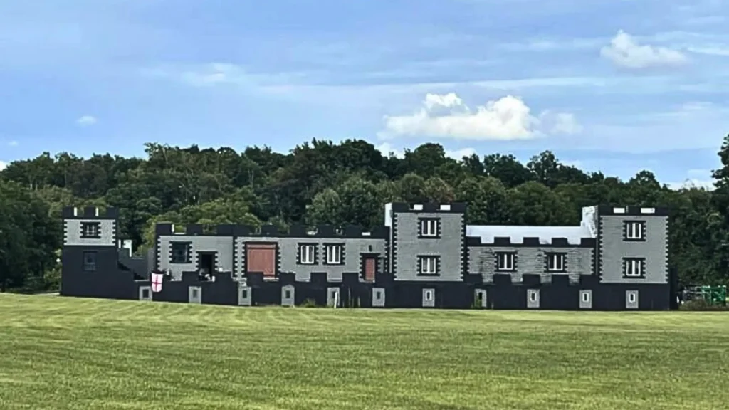 The outside of the Birdsell Castle is black and grey stones with windows. It is longer than it is tall, and spreads across an open field with dense forest behind it. 