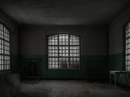 A dark room in an abandoned building with large windows sits nearly empty.
