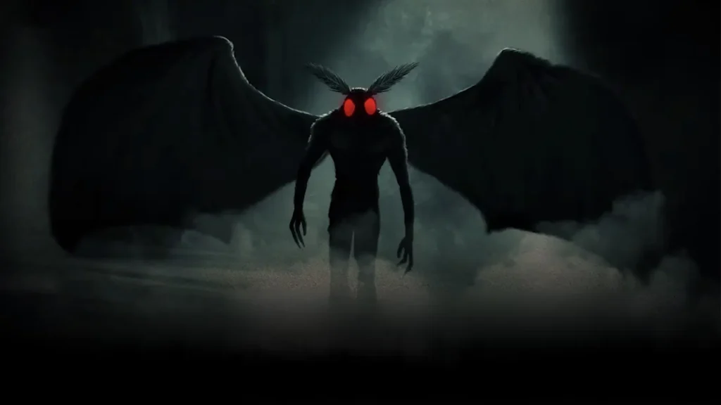 A digitally created image of mothman walking through fog with glowing red eyes.