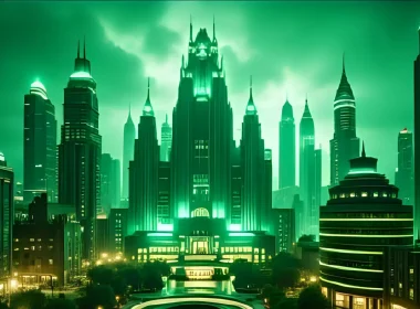The Emerald city depicted with AI is green and brightly lit in the verdant cityscape.