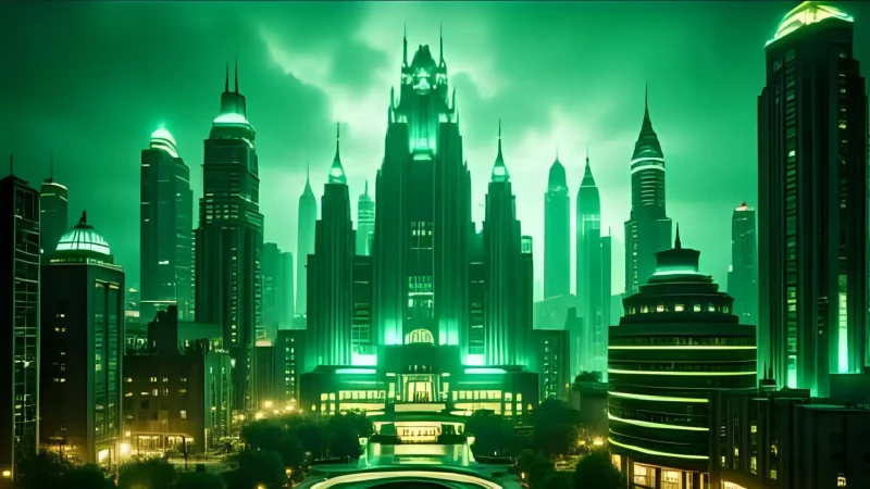 The Emerald city depicted with AI is green and brightly lit in the verdant cityscape.