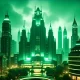 The Emerald city depicted with AI is green and brightly lit in the verdant cityscape.