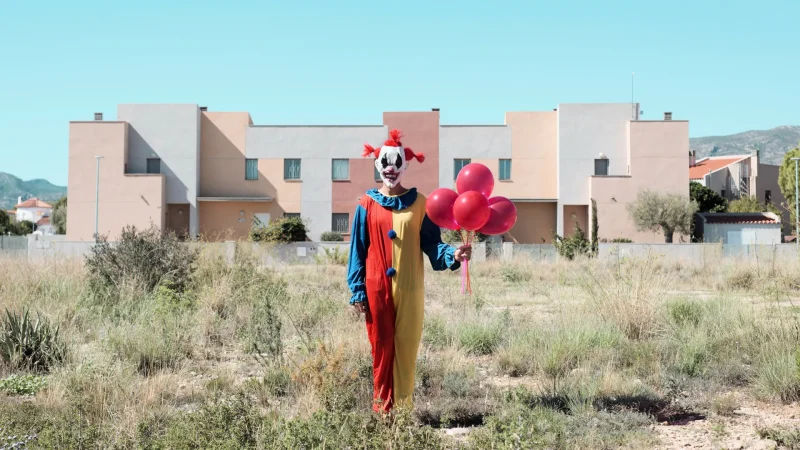 A clown in an arid environment stands in an open field in front of a town with a pale, clear blue sky, holding red balloons.